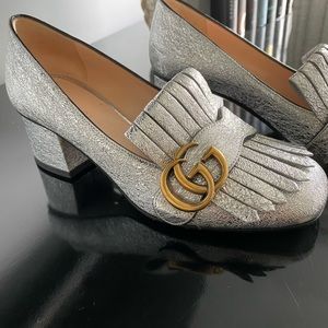 Gucci Marmont silver metallic mid-heel, size 35